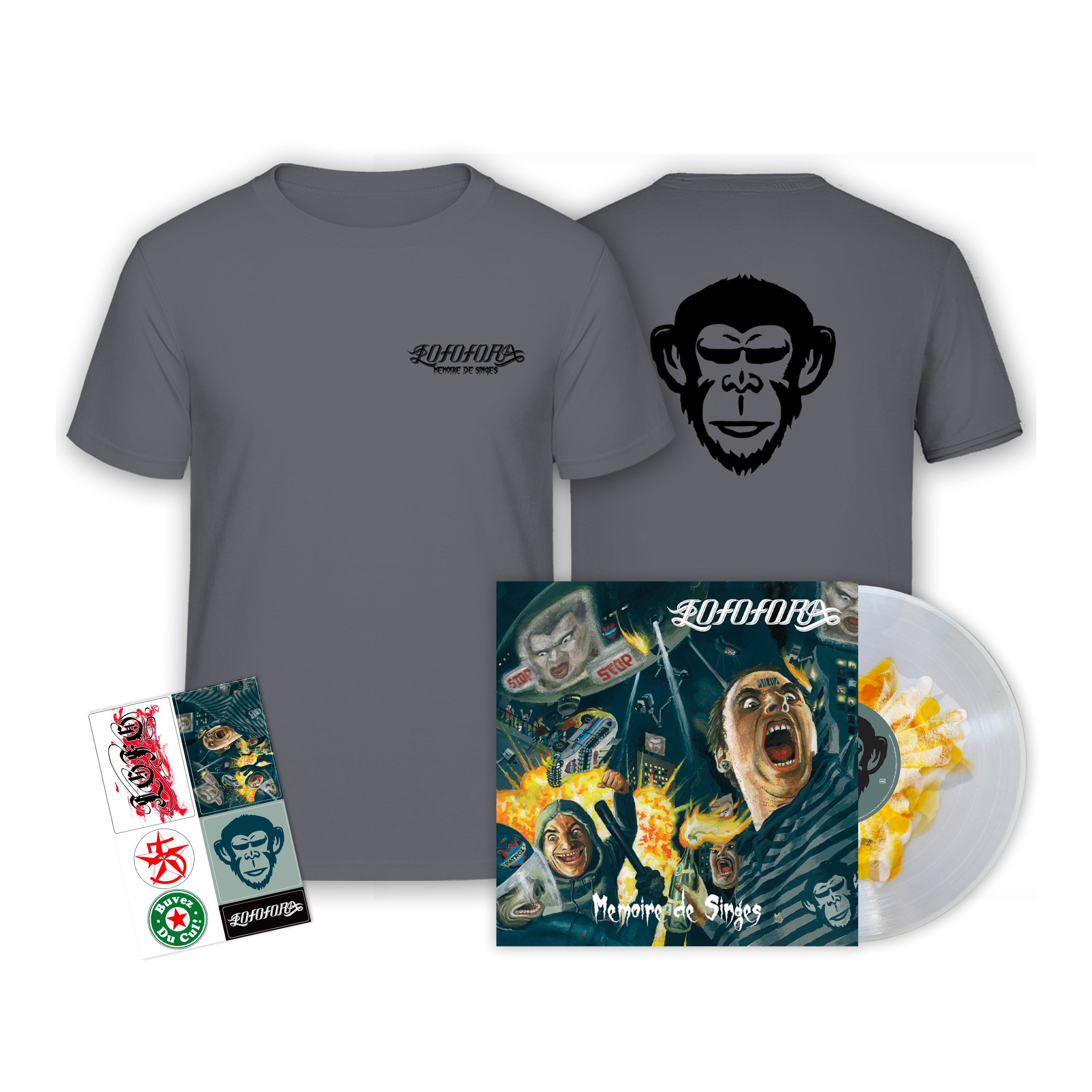 Vinyle splatter numéroté édition limitée + T-shirt + Stickers “Mémoire de singes“